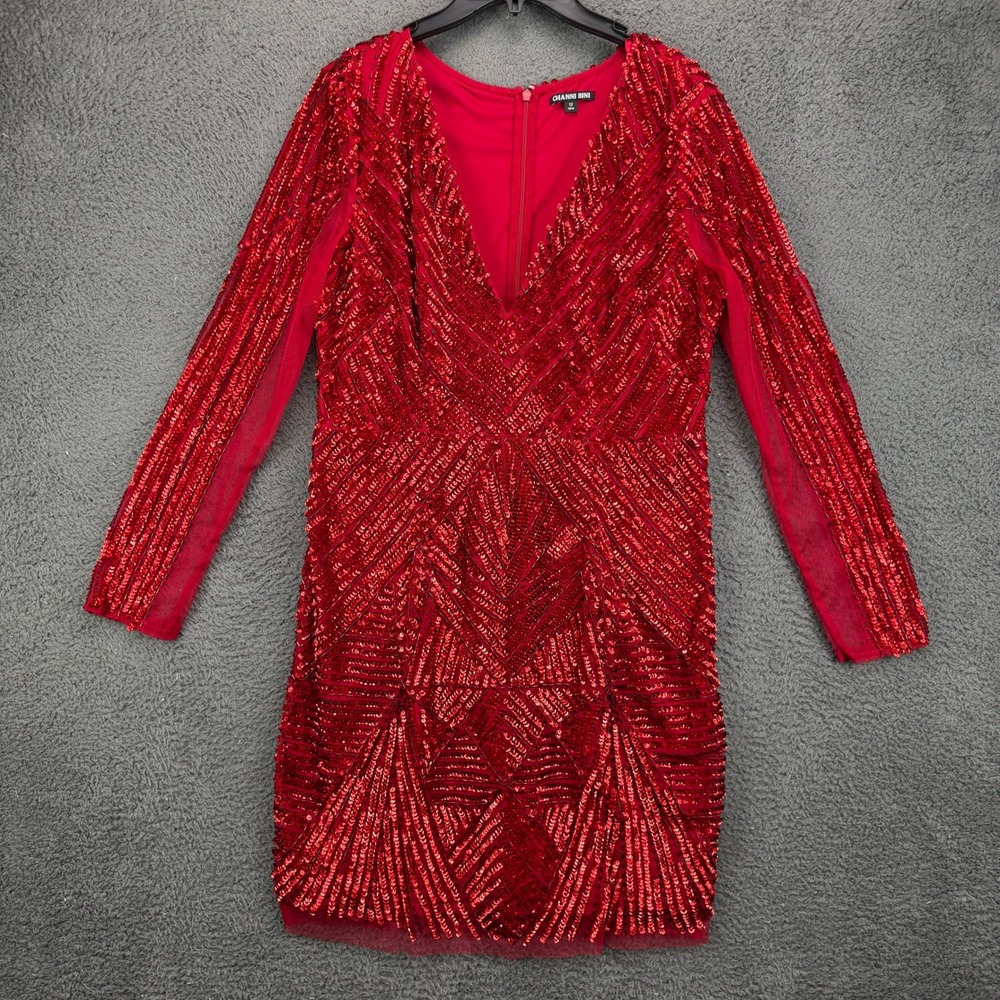 Gianni Bini Red Sequin Long Sleeve V-Neck Bodycon Mini Dress Womens Size 12
